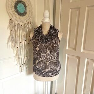 Charlotte Russe Black & White Leaf Print Ruffle Blouse with Tie Neck, Size XS
